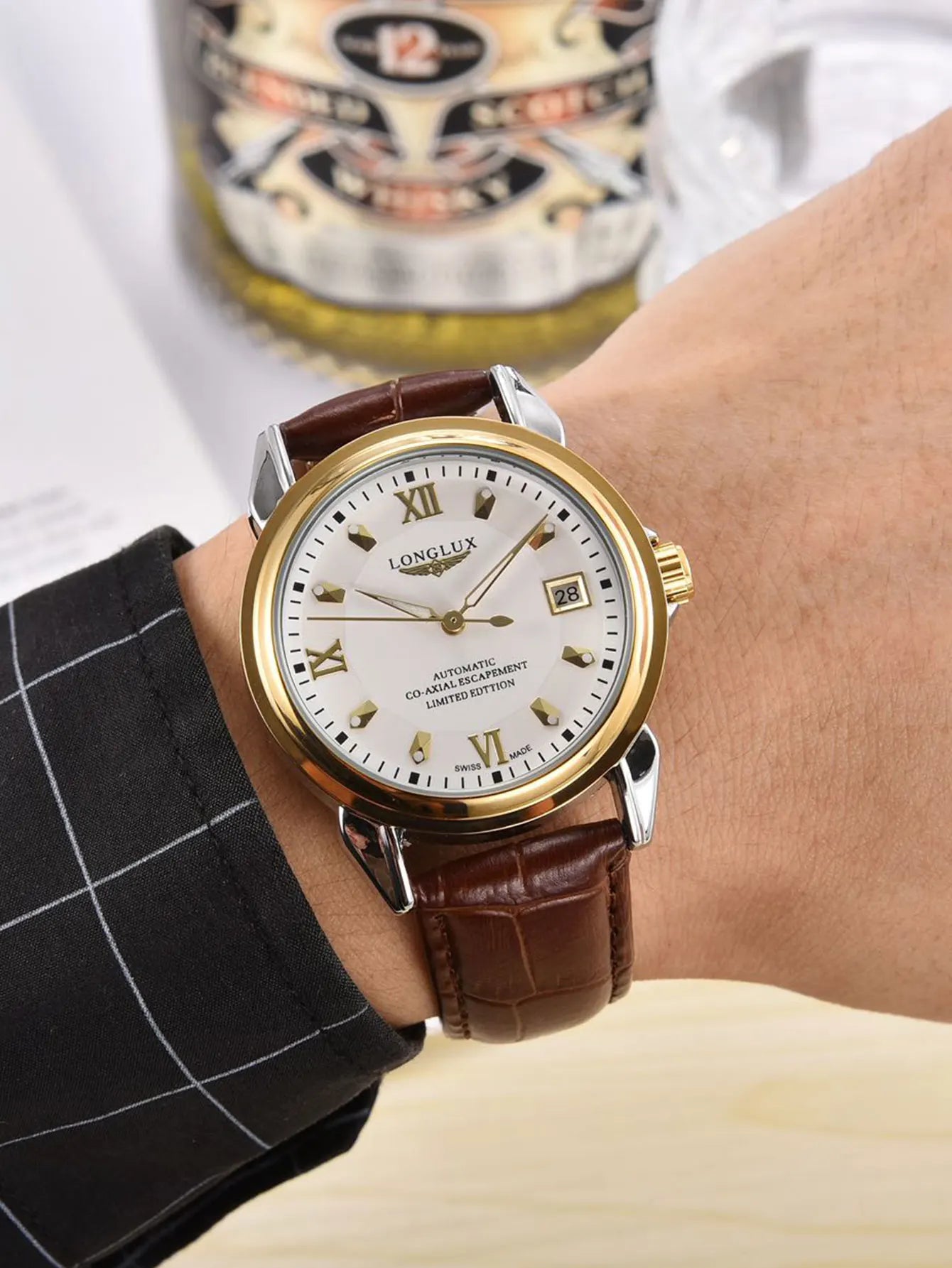 LONGLUX automatic watch business leisure dating mechanical wristwatches waterproof leather date mens watch men gift