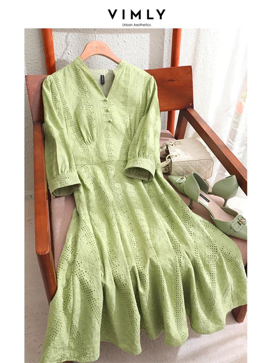 Vimly 100% Cotton Embroidery White Dress Women Spring Korean Fashion Elegant A Line Fitted Dresses Womans Clothing V8063