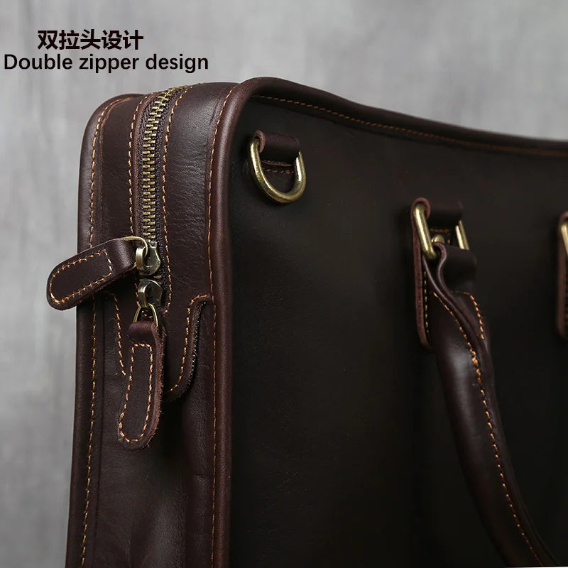 NZPJ Retro Men's Briefcase Leather Laptop Bag Top Layer Cowhide Casual Handbag 14 Inch Business Shoulder Bag Messenger Bag