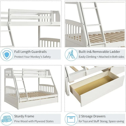 Solid Wood Twin Over Full Bunk Bed with Two Storage Drawer,Convertible to 2 Separated beds (White) bunk beds for kids