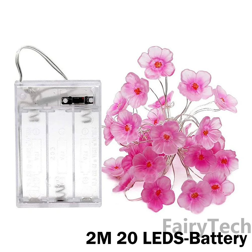 Cherry Blossom Flower Garland Lamp Battery/USB Operated LED String Fairy Lights Crystal Flowers Indoor Wedding Christmas Decors