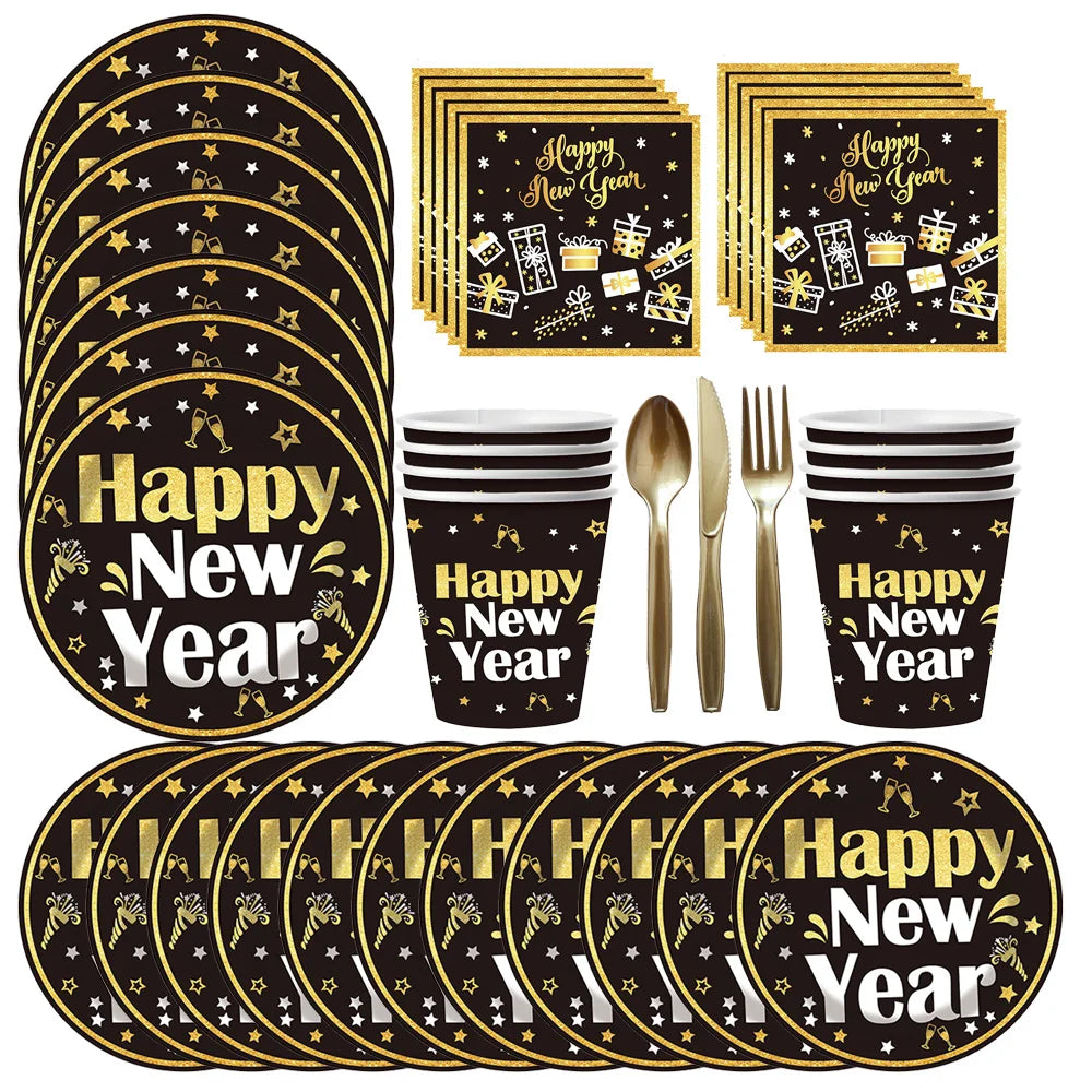 New Year Theme Disposable Tableware Paper Plates Cups Napkins Happy New Year 2025 Black Golden Party Decoration Supplies