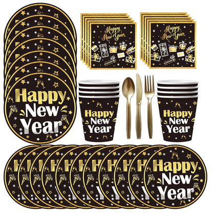 New Year Theme Disposable Tableware Paper Plates Cups Napkins Happy New Year 2025 Black Golden Party Decoration Supplies