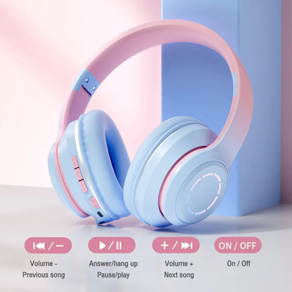 Gradient Color Bluetooth Headphone Wireless Music Headset LED Light With Mic Gamer Earphone Kids Lovely Christmas Gifts