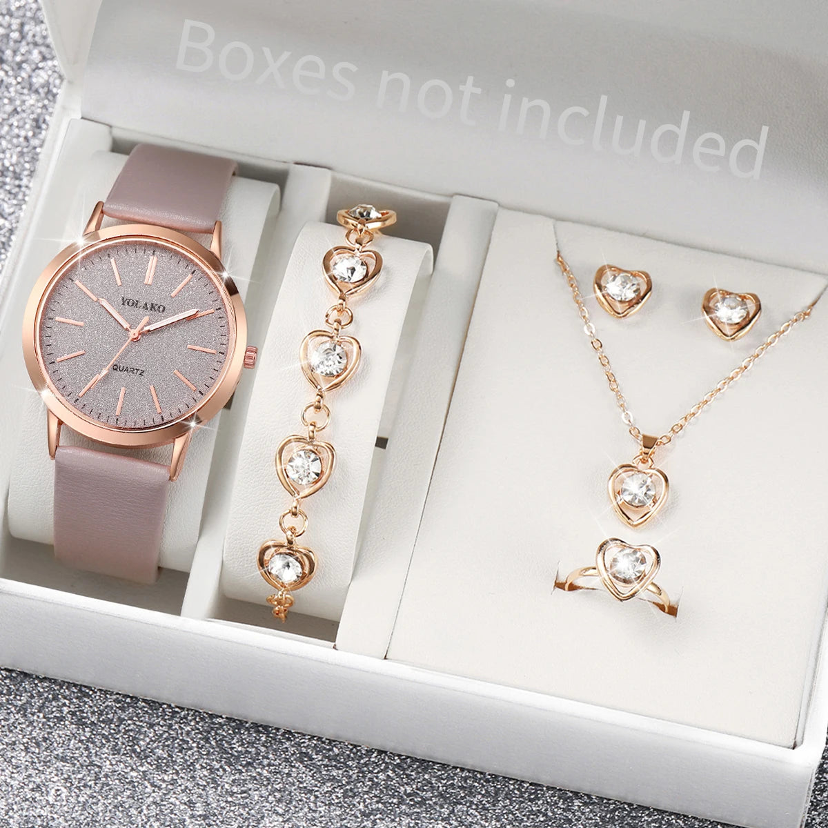 Women's Watch Fashion Matte Dial Casual Leather Band Quartz Watch with Diamond Heart Jewelry Set（Without Box）