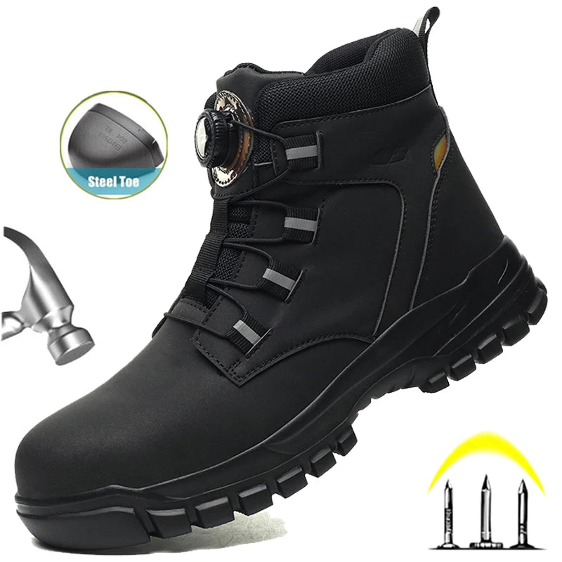 Rotating Button Work Shoes for Men Anti Puncture Work Sneakers Waterproof Black Work Safety Shoes Non Slip Steel Toe Boots