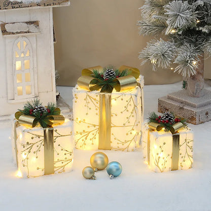 3/4pcs Set Hollowed Out Christmas Decoration Led Gift Box with Bow Lights Iron Box Art Home Outdoor Mall Gift Home Party Supplie