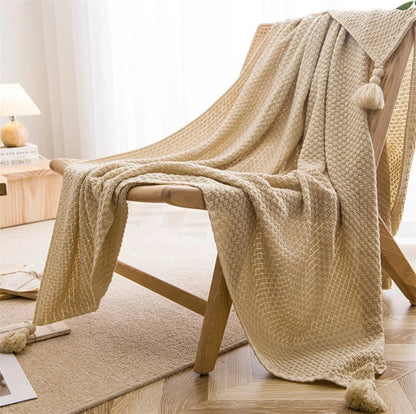 Nordic Blankets for Bed Sofa Couch Chunky Knit Bedspread Knitted Throw Blanket with Tassel Plain Color Waffle Embossed Blanket