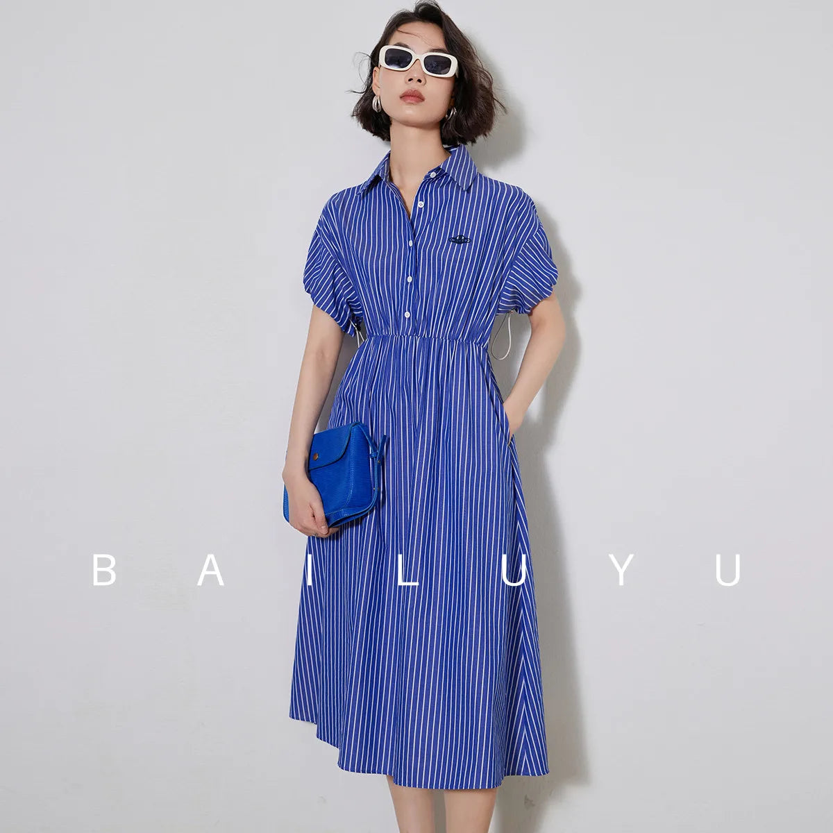 LOUIS YAO Women Shirt Style 100% Cotton Dress Summer Striped Casual Dress French Style A-line Short Sleeve Long Dress