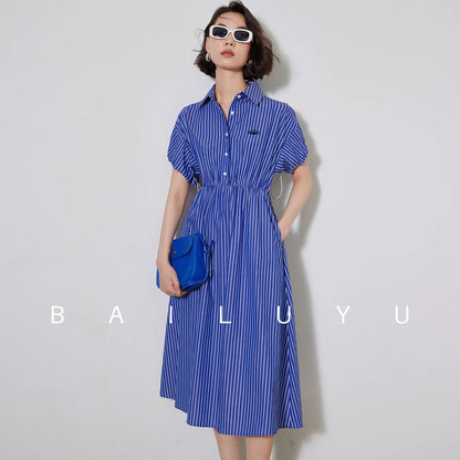 LOUIS YAO Women Shirt Style 100% Cotton Dress Summer Striped Casual Dress French Style A-line Short Sleeve Long Dress