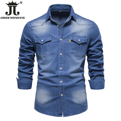 US Size S-5XL Cotton Men's Long-sleeved Washed Denim Shirt Casual All-match Button Solid Color outdoor Shirt Male