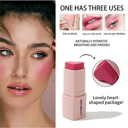 Heart Shape Vegan Creamy Blush Stick Matte Silky Waterproof Pink Blush Cream Makeup Stick High Pigment 3in1 Lip Eye Cheek Tint