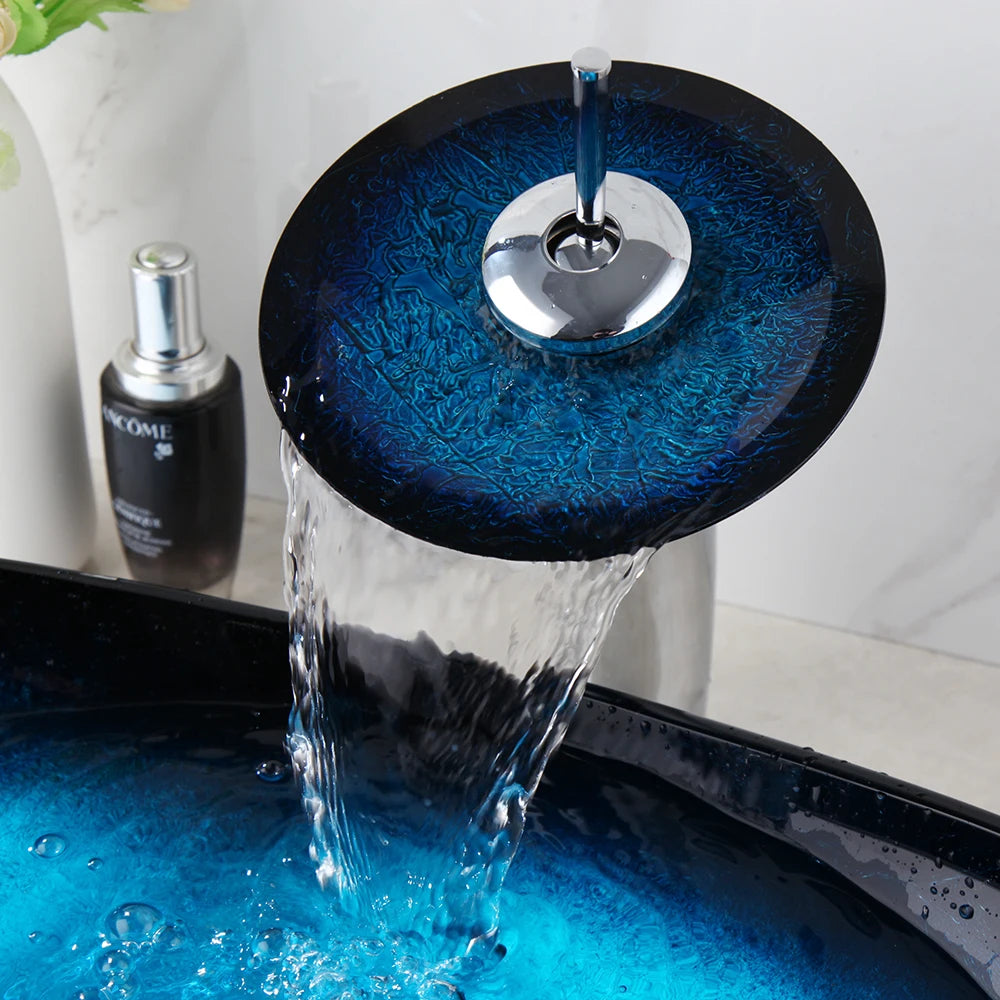 ZAPPO Tempered Glass Bathroom Vessel Sink with Waterfall Black Faucet Tap Bathroom Oval Blue Vessel Sinks Above Counter Basin