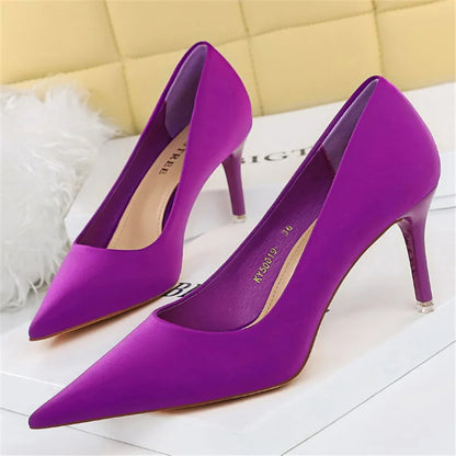 Women 7.5cm 10.5cm High Heels Scarpins Silk Satin Pumps Lady Quality Green Purple Fetish Wedding Bridal Mid Low Heels Prom Shoes