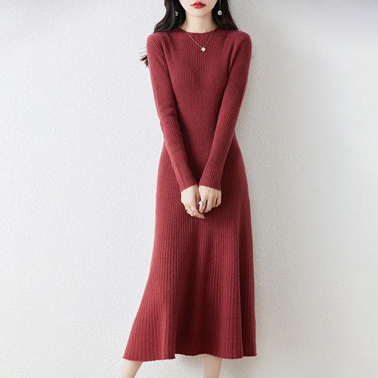 Winter/ Autumn Oneck Female Dresses 100% Wool Knitted Dress For Women New Arrival Long Style 6Colors Jumpers SY01