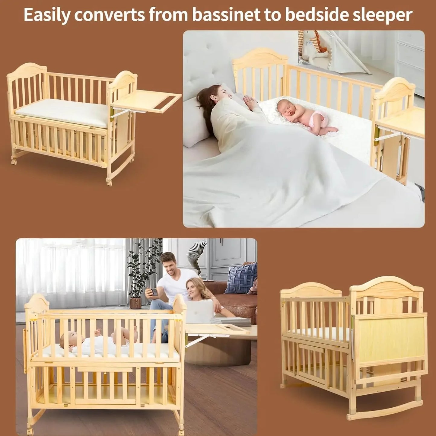 Mini Baby Cribs 4-in-1 Convertible - Cunas para Bebes with Changing Shelf and Mattress Included,2024 Wood Baby Bassinets Bedside