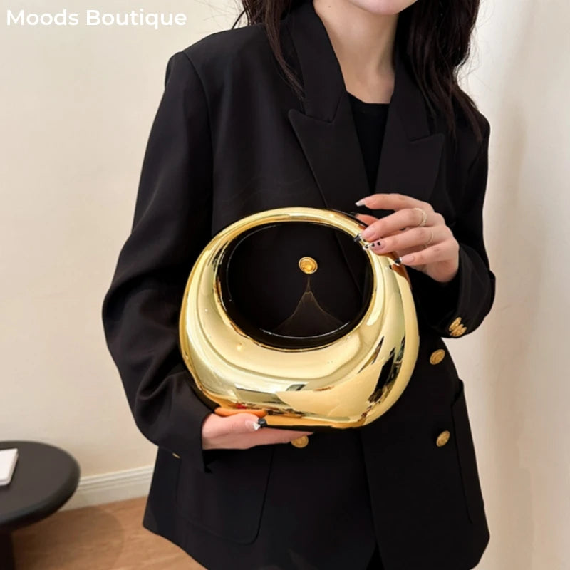 MOODS Golden Evening Handbag For Women PVC Wrist Bag Dinner Party Wedding Round Handle Clutch Purse Luxury Designer Handbag