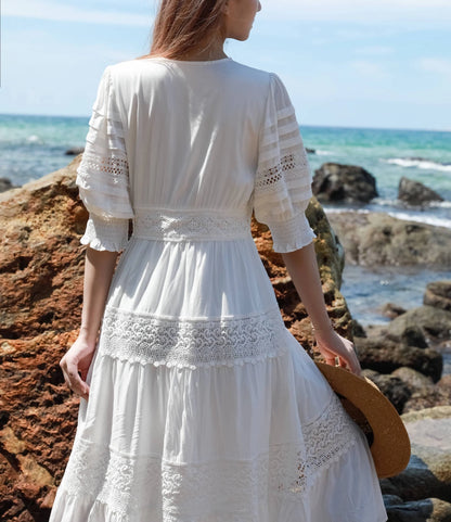 100% Cotton White Lace Dresses Women Vintage V-neck Puff Sleeve Long Dress Summer High Quality Casual Boho Beach Wear Vestidos