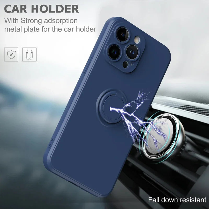 Magnetic Soft Silicone Phone Case For iPhone 16 15 14 13 12 11 Pro Max XS XR 8 7 Plus SE 2022 Full With Ring Holder Stand Cover