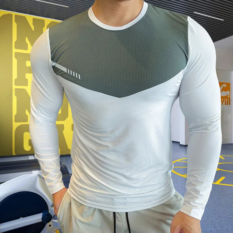 Mens Fitness Running T-shirt Gym Compression Sweatshirt Dry Fit Exercise Sports Tops Breathable Elasticity Rash Guard Clothing