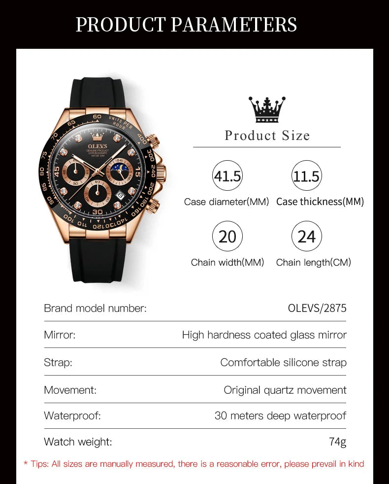 OLEVS 2875 Men's Watch New Luxury Quartz Watch Original Silicone Sports Multi functional Waterproof Luminous Date Timer Watch