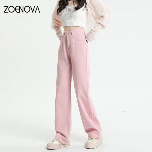 ZOENOVA Korean Long Trousers Casual Denim Pants Simple Female Spring Straight Loose Women's Wide Leg Jeans Pink Purple Red