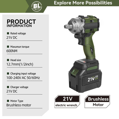 21V Electric 600N.m Impact Brushless Wrench Socket For Car Tires Cordless Power Tools 4500mAh Li-ion Battery