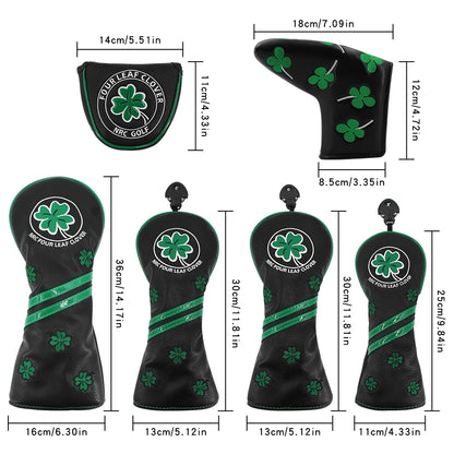 Golf Headcover for Driver Fairway Hybrid Blade Putter PU Leather Waterproof Four Leaf Clover Golf Wood Head Cover Number Tag