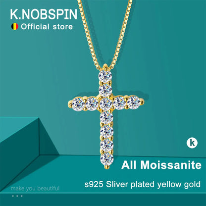 KNOBSPIN D VVS1 Moissanite Cross Pendant Necklace Original s925 Sliver Box Chain Plated 18k White Gold Fine Necklaces for Women