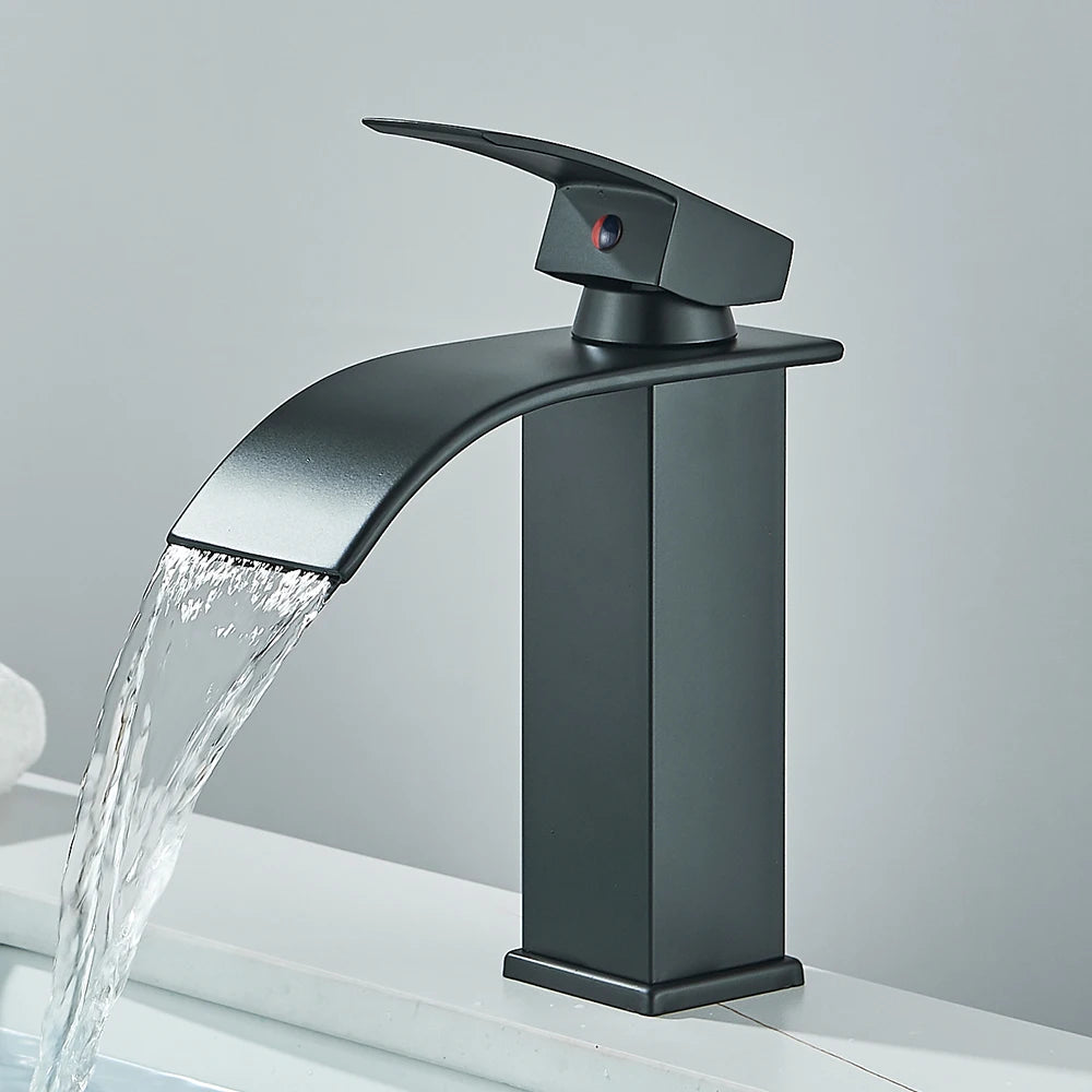 Matte Black Waterfall Basin Faucet Single Handle Mixer Hot Cold Water Basin Crane Tap For Bathroom Wash Basin Sink Mixer Tap