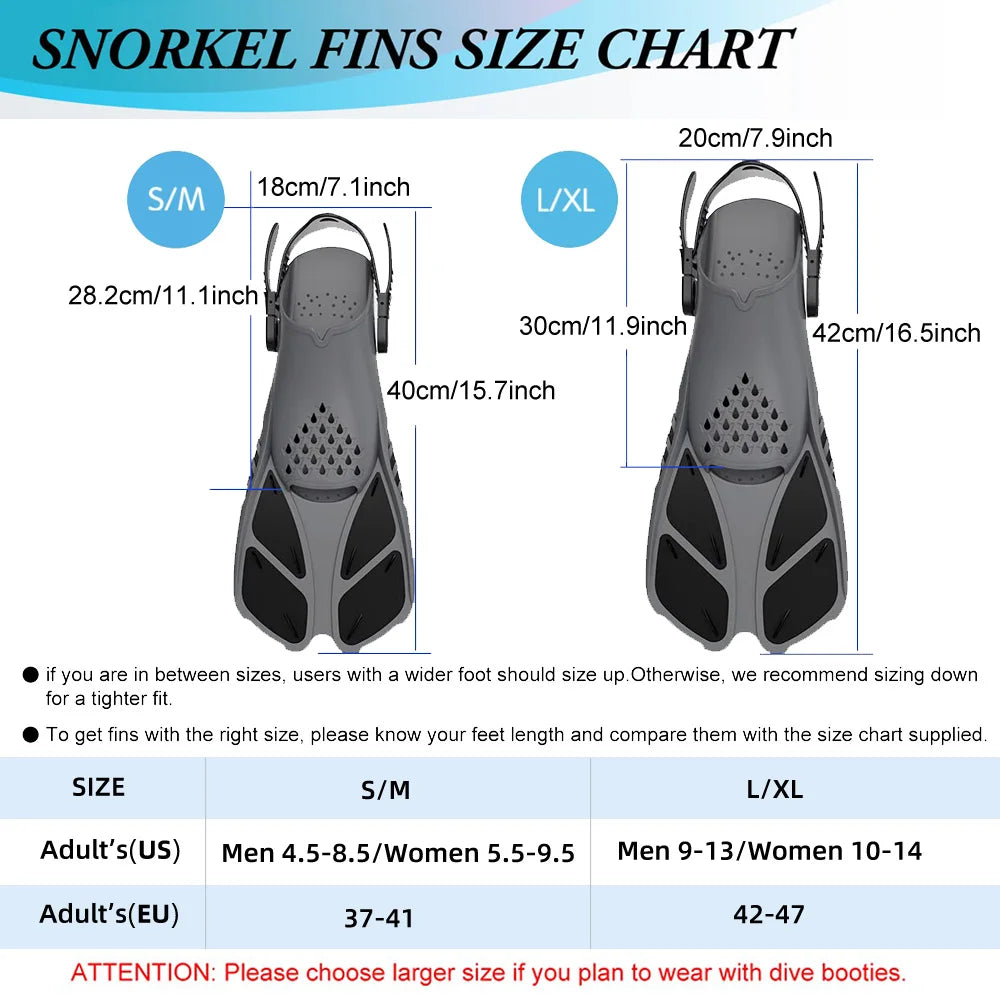 Snorkel Fins Adjustable Buckles Swimming Flippers Short Silicone Scuba Diving Shoes Open Heel Travel Size Adult Men Womens