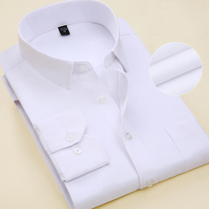 Men Classic Long Sleeve Dress Shirt Regular Pocket Fit Formal Business Work Office Casual Button White Social Shirts S-7XL