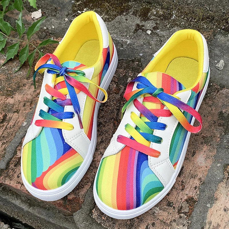 Rainbow Color Lace Up Sneakers Women Casual Non-Slip Platform Vulcanized Shoes Woman 2023 Autumn Flats Running Walking Shoes 43