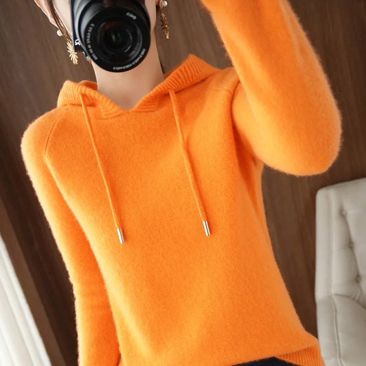 Women Merino Wool Sweater Outwear Hooded Collar Pullover Autumn Winter Bottoming Knitwear Casual Warm Soft Tops Solid Color