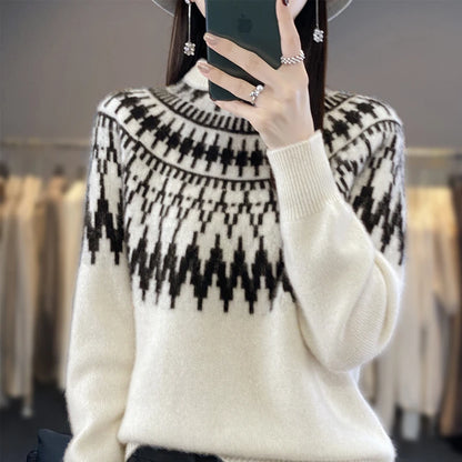 Women New Wool Blend Sweater Half-high Collar Jacquard Pullover Autumn Winter Bottoming Shirt Casual Warm Knitting Tops