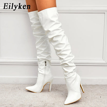 Eilyken Red Women Over The Knee Boots High Heels Patent Leather Solid Pointed Toe Stiletto Side Zipper Sapatos Femininos