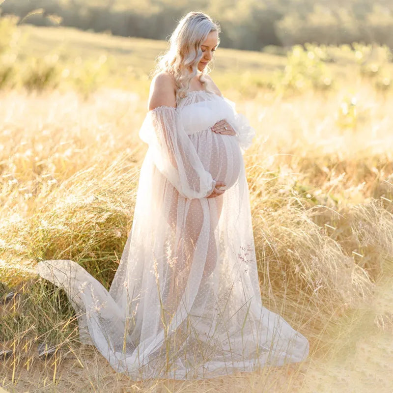 White Dot Tulle Maternity Photography Props Dress See Through Maternity Photo Shoot Tulle Long Dress Lantern Sleeve