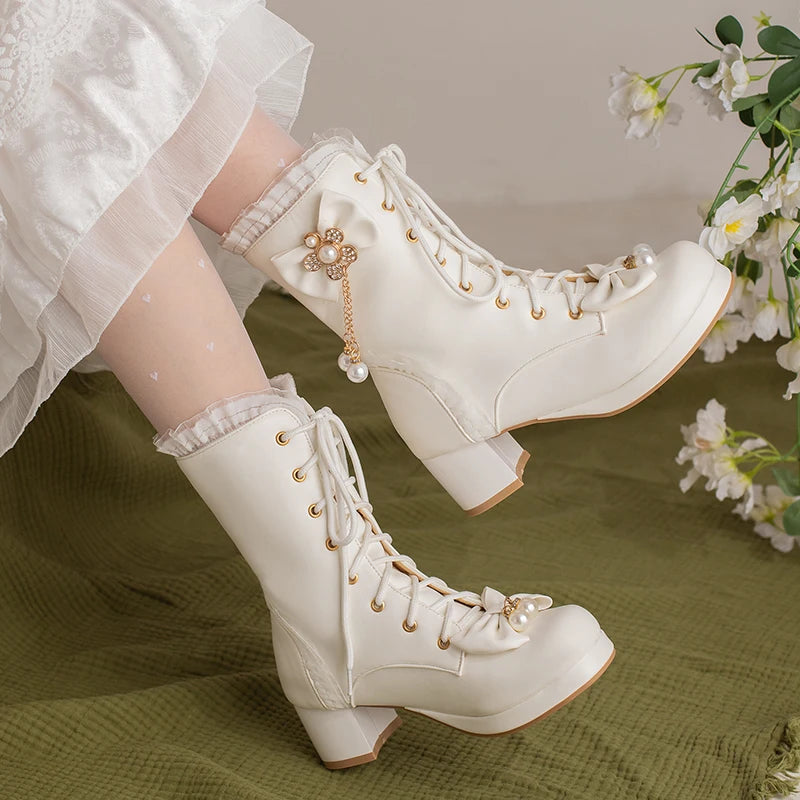 Ruffles Vintage Lolita Women Wedding Boots Black White Pink Lace Up Chunky Block Square High Heels Thick Platform Gothic Shoes