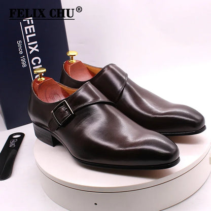 Brand Designer Mens Dress Shoes Classic Genuine Leather Buckle Monk Strap Dark Brown Black Office Business Formal Shoes for Men