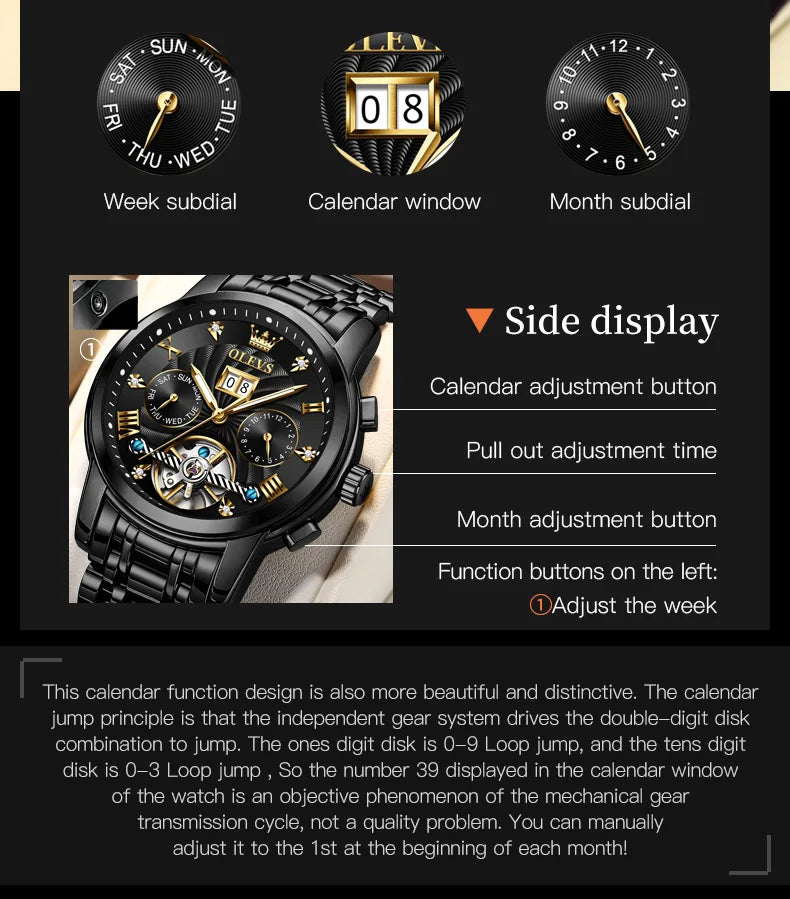 OLEVS Classic Men's Watches Tourbillon Multi-function Full Automatic Men Watch High end Male Wristwatches