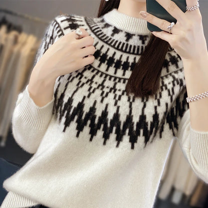 Women New Wool Blend Sweater Half-high Collar Jacquard Pullover Autumn Winter Bottoming Shirt Casual Warm Knitting Tops