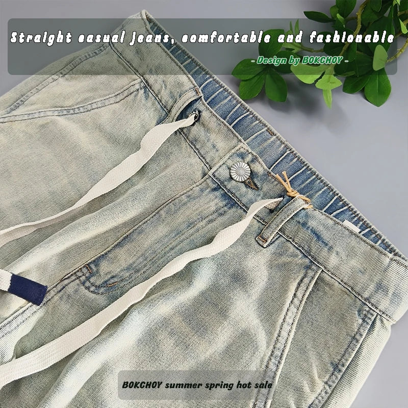 Summer Spring New Vintage Drawstring Jeans for Men Clothing Washed Soft Cotton Loose Straight Man Pants Baggy Jeans KK1075