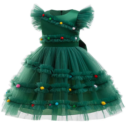 Christmas Girls' New Bow Polka Dot Applique Mesh Fly Sleeve Princess Dress School Party Fashionable Solid Color Evening Dress