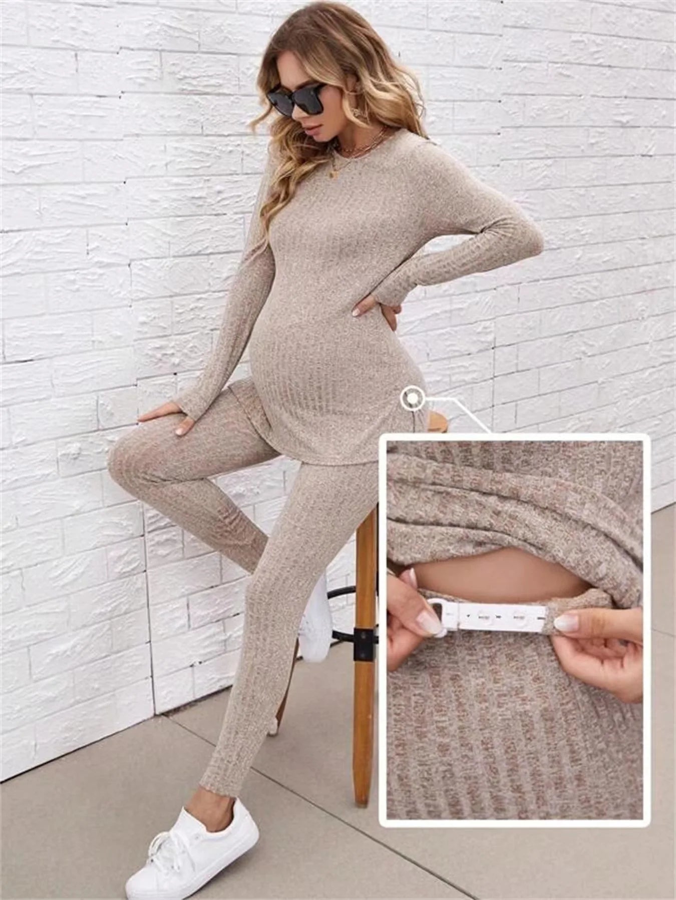 Women's Maternity Sets 2 Piece Outfits Long Sleeve Split Hem Top and Adjustable Elastic Waist Pants Maternity Clothes