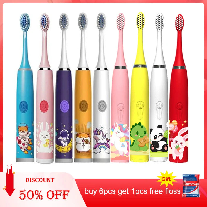 Child's USB Sonic Electric Toothbrush Rechargeable Colorful Cartoon Brush Kids Automatic IPX7 Waterproof With Replacement Heads