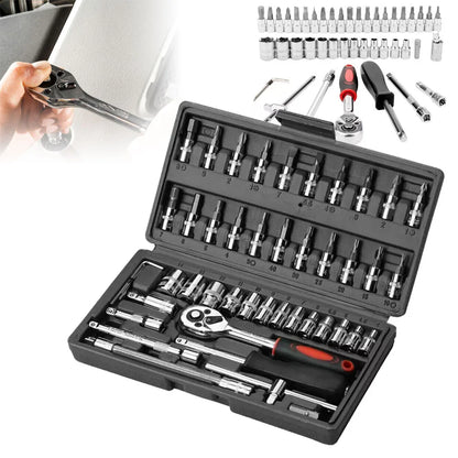 46PCS Socket Set Metric Wrench 1/4" Drive Ratchet Bit Set Wrench Torx Hex Extension Bar Ratchet Repair Hand Tool