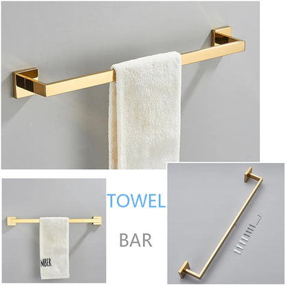 Senlesen Golden Bathroom Accessories Sets 4pcs Wall Mount Towel Bar Robe Hooks Toilet Paper Roll Holder Stainless Steel Hardware