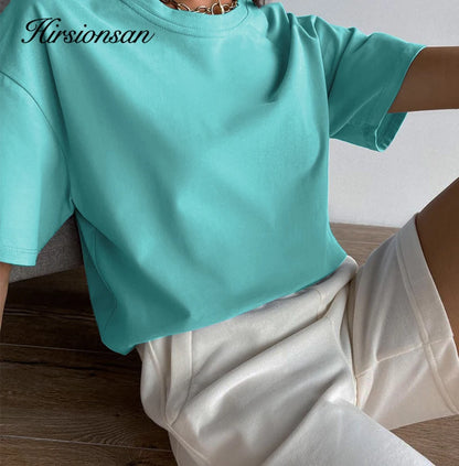 Hirsionsan Basic Cotton T Shirt Women Summer New Loose Solid Tees 19 Color Casual Loose Tshirt Oversized O Neck Female Tops