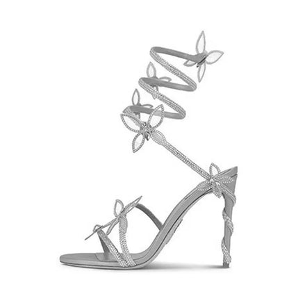 Eilyken Sexy Crystal Butterfly-knot Ankle Strap Sandals Woman Fashion Open Toe Stiletto High Heels Banquet Party Pumps Shoes