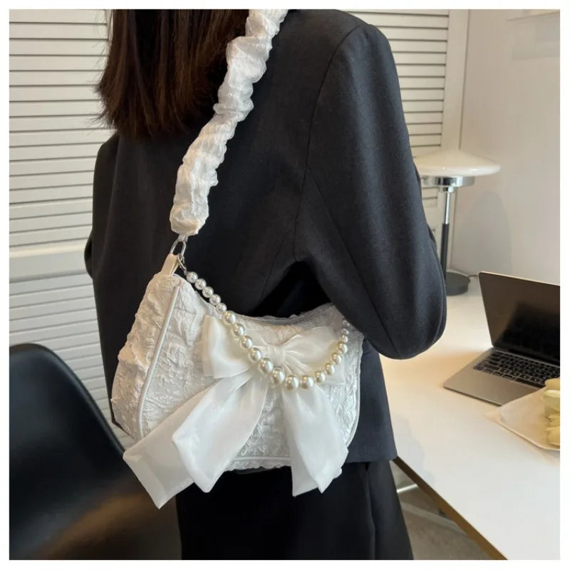 Pearl Female Bag Retro Luxury Designer Handbag Bow Crossbody Bags Fashion Canvas Women's Trend Shoulder bag Purses